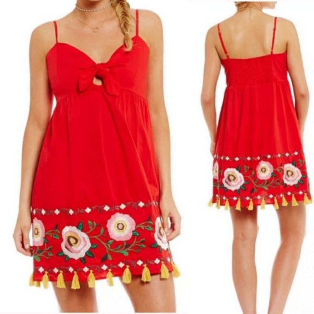 Gianni Bini Embroidered Tassel Front Tie Dress Red